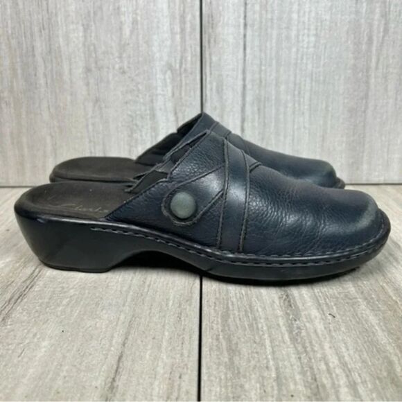 Clark’s Blue Leather Slip On Mule Comfort Clog Casual Shoes  Womens Size 6.5 - Picture 1 of 10